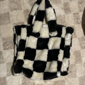 Black and White Checkered Faux Fur Tote Bag